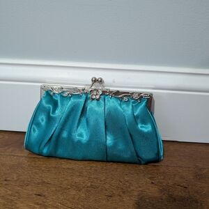 Elegant Teal Satin Clutch with Silver Detailing
